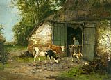 Cattle Canvas Paintings - Farmer and Cattle by a Stable